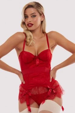 Bettie Page Lingerie Tempest Lace Basque With Bows Red