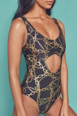 Wolf & Whistle Gold Chain Twist Front Swimsuit