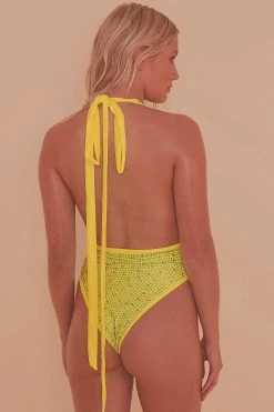 Wolf & Whistle Neon Yellow Halter Neck Diamante Plunge Swimsuit Swimwear