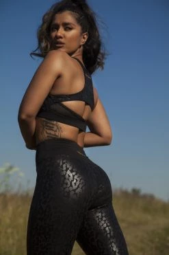 Wolf & Whistle Wet Leopard Look Black Sports Bra