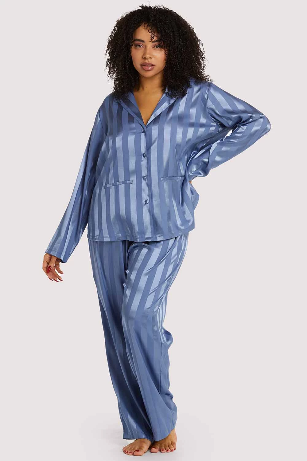 Wolf & Whistle Nightwear Blue Stripe Satin Pyjama Set 2 Wolf & Whistle Nightwear Blue Stripe Satin Pyjama Set