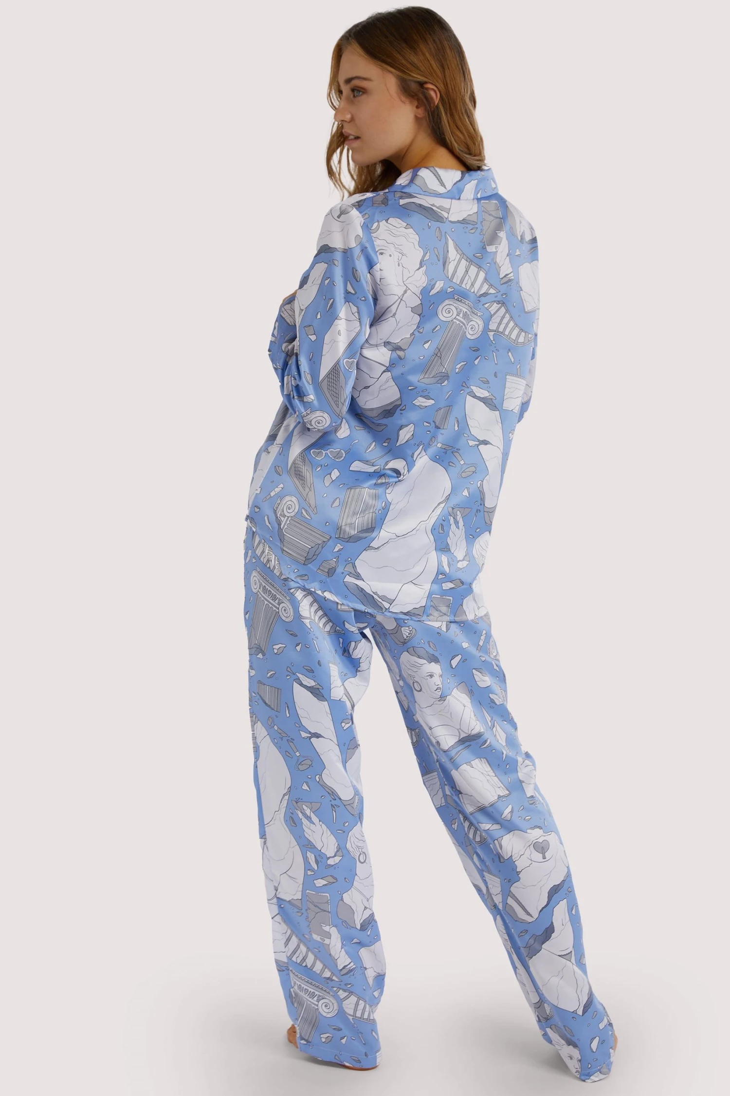 Playful Promises Nightwear Logan Spector Recycled Blue Statues Satin Trousers 3 Playful Promises Nightwear Logan Spector Recycled Blue Statues Satin Trousers