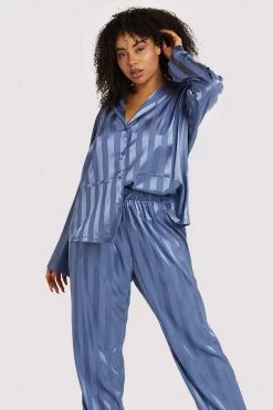 Wolf & Whistle Nightwear Blue Stripe Satin Pyjama Set 9 Wolf & Whistle Nightwear Blue Stripe Satin Pyjama Set