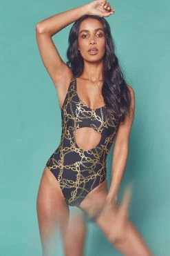 Wolf & Whistle Gold Chain Twist Front Swimsuit