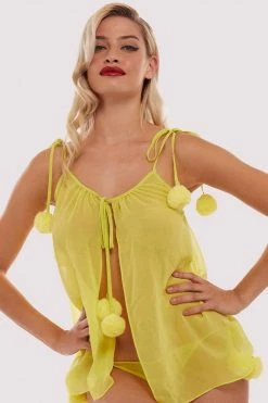 Bettie Page Lingerie Nightwear Dolores Pom Pom Chemise Chartreuse