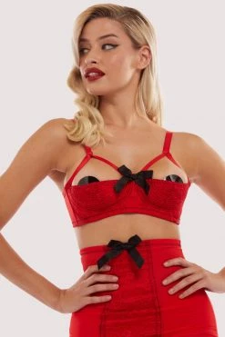 Bettie Page Lingerie Bras Elsie Lace Quarter Cup Bra Red