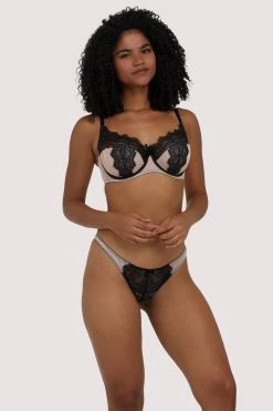 Deja Day Rosalyn Black And Blush Lace Thong Knickers