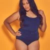 Wolf & Whistle Swimwear Navy Belted Plunge Swimsuit Curve
