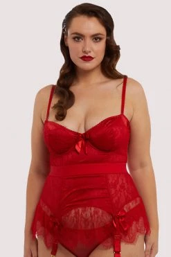 Bettie Page Lingerie Tempest Lace Basque With Bows Red