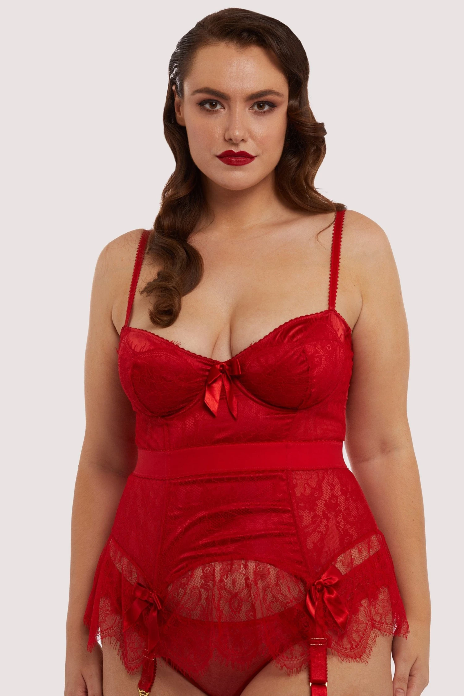 Bettie Page Lingerie Tempest Lace Basque With Bows Red 2 Bettie Page Lingerie Tempest Lace Basque With Bows Red