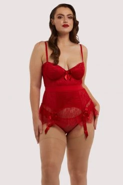 Bettie Page Lingerie Tempest Lace Basque With Bows Red 12 Bettie Page Lingerie Tempest Lace Basque With Bows Red
