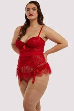 Bettie Page Lingerie Tempest Lace Basque With Bows Red 14 Bettie Page Lingerie Tempest Lace Basque With Bows Red
