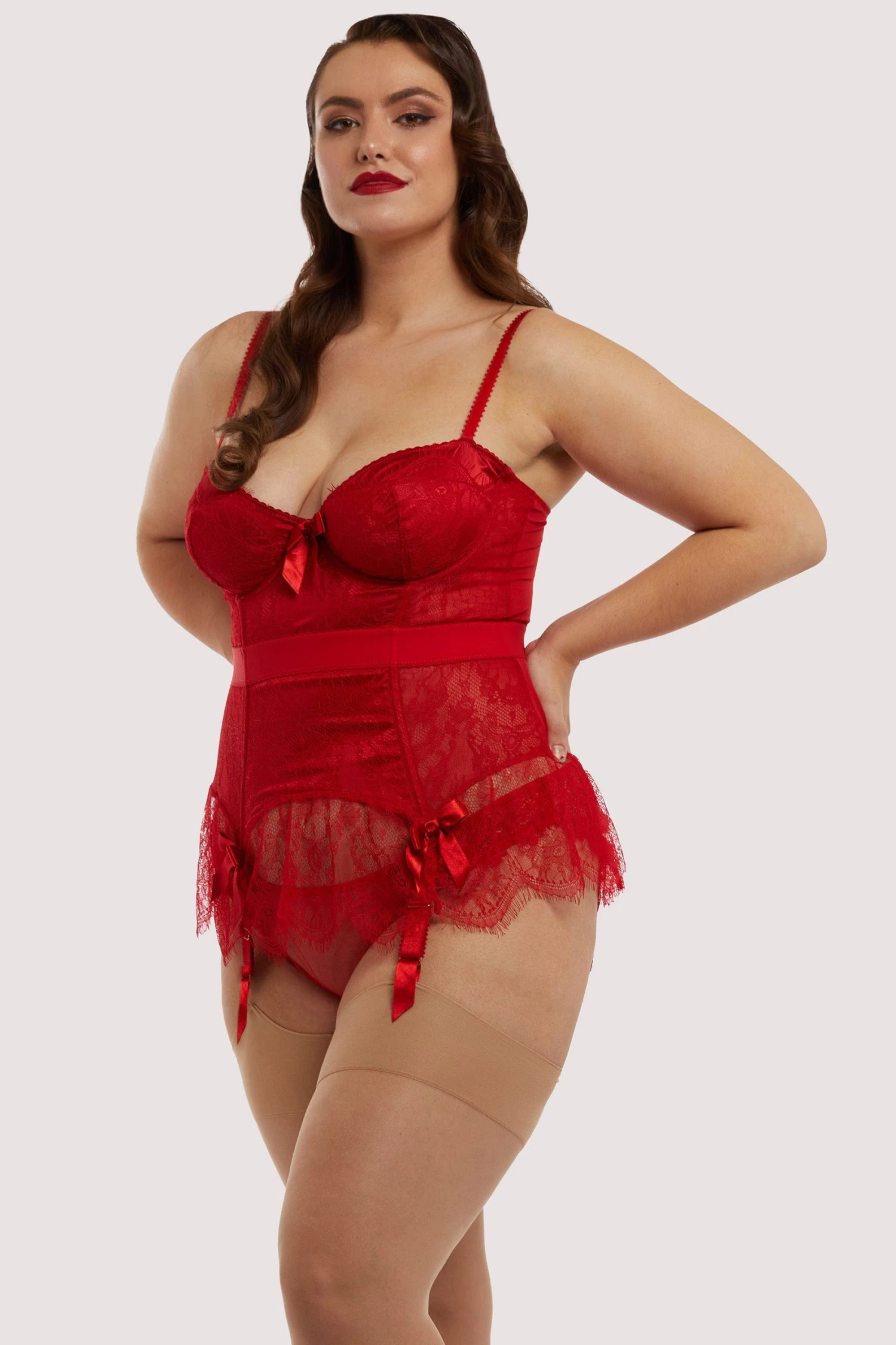 Bettie Page Lingerie Tempest Lace Basque With Bows Red 7 Bettie Page Lingerie Tempest Lace Basque With Bows Red