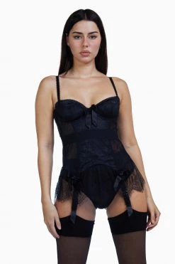 Bettie Page Lingerie Basques & Corsets Tempest Black Lace Basque With Bows