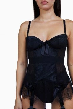 Bettie Page Lingerie Basques & Corsets Tempest Black Lace Basque With Bows