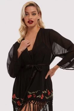 Bettie Page Lingerie Nightwear Embroidered Tassel Kimono