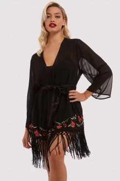 Bettie Page Lingerie Nightwear Embroidered Tassel Kimono