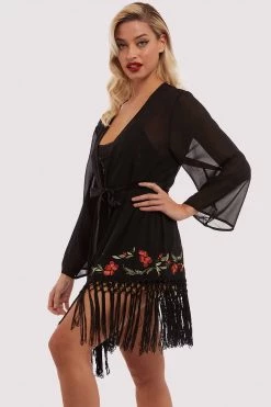 Bettie Page Lingerie Nightwear Embroidered Tassel Kimono
