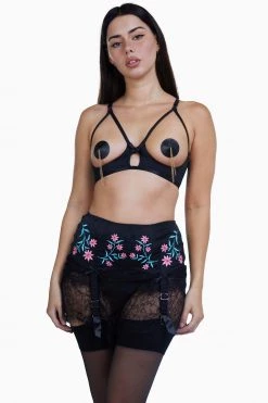 Bettie Page Lingerie Doris Black Embroidered Retro Suspender Belt