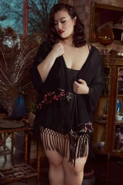 Bettie Page Lingerie Nightwear Embroidered Tassel Kimono