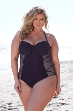 Playful Promises Hunter McGrady Plus Size/Curve Black Mesh Insert Swimsuit Swimwear