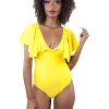 Playful Promises Ruffle Neckline Swimsuit Yellow Swimwear