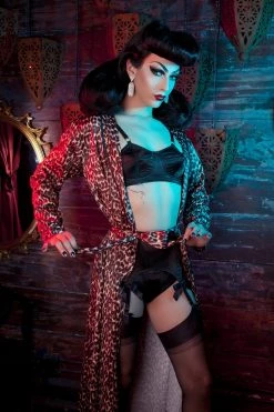 Bettie Page Lingerie Leopard Print Satin Robe