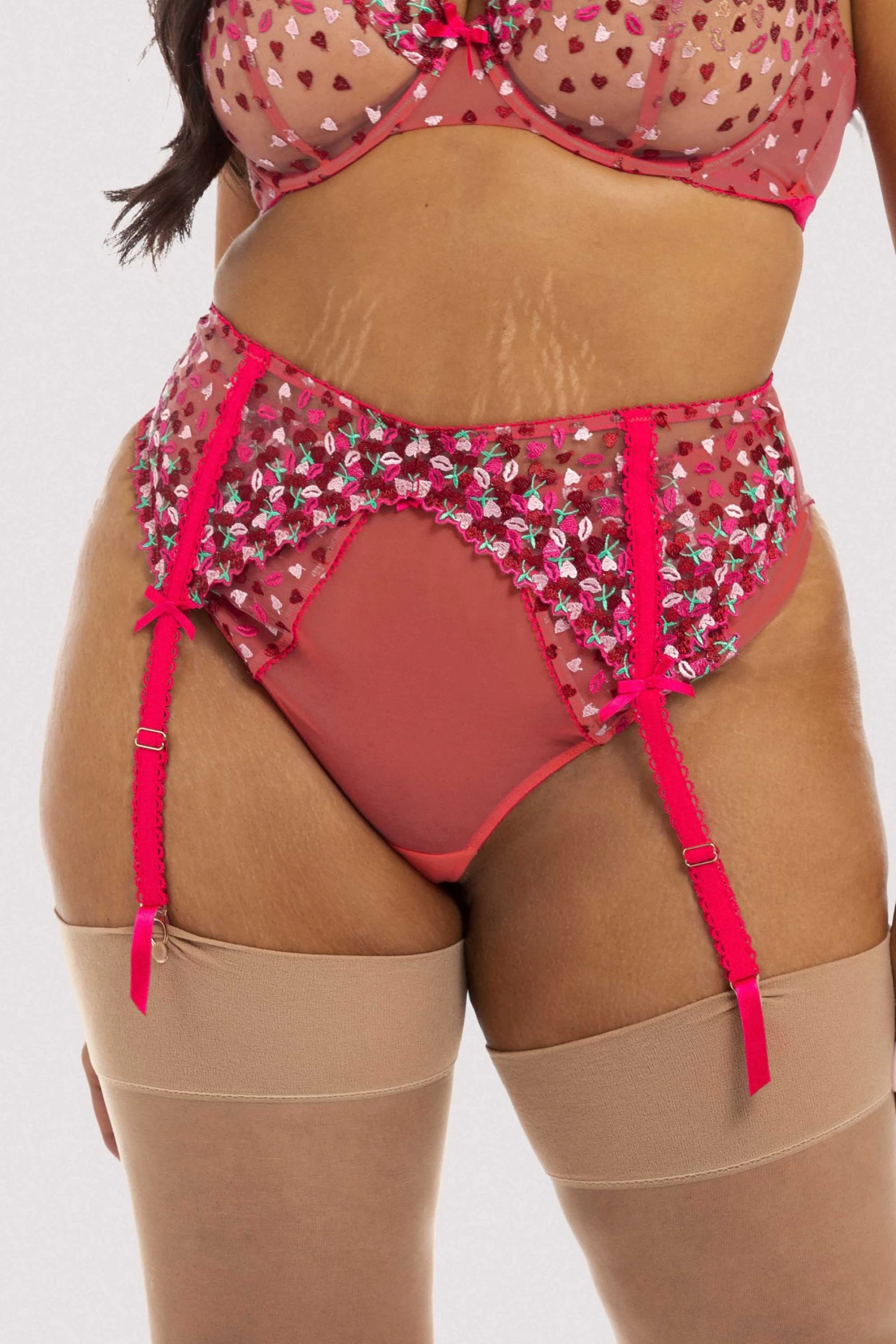 Playful Promises Cherry Embroidery Coral Suspender Belt 4 Playful Promises Cherry Embroidery Coral Suspender Belt