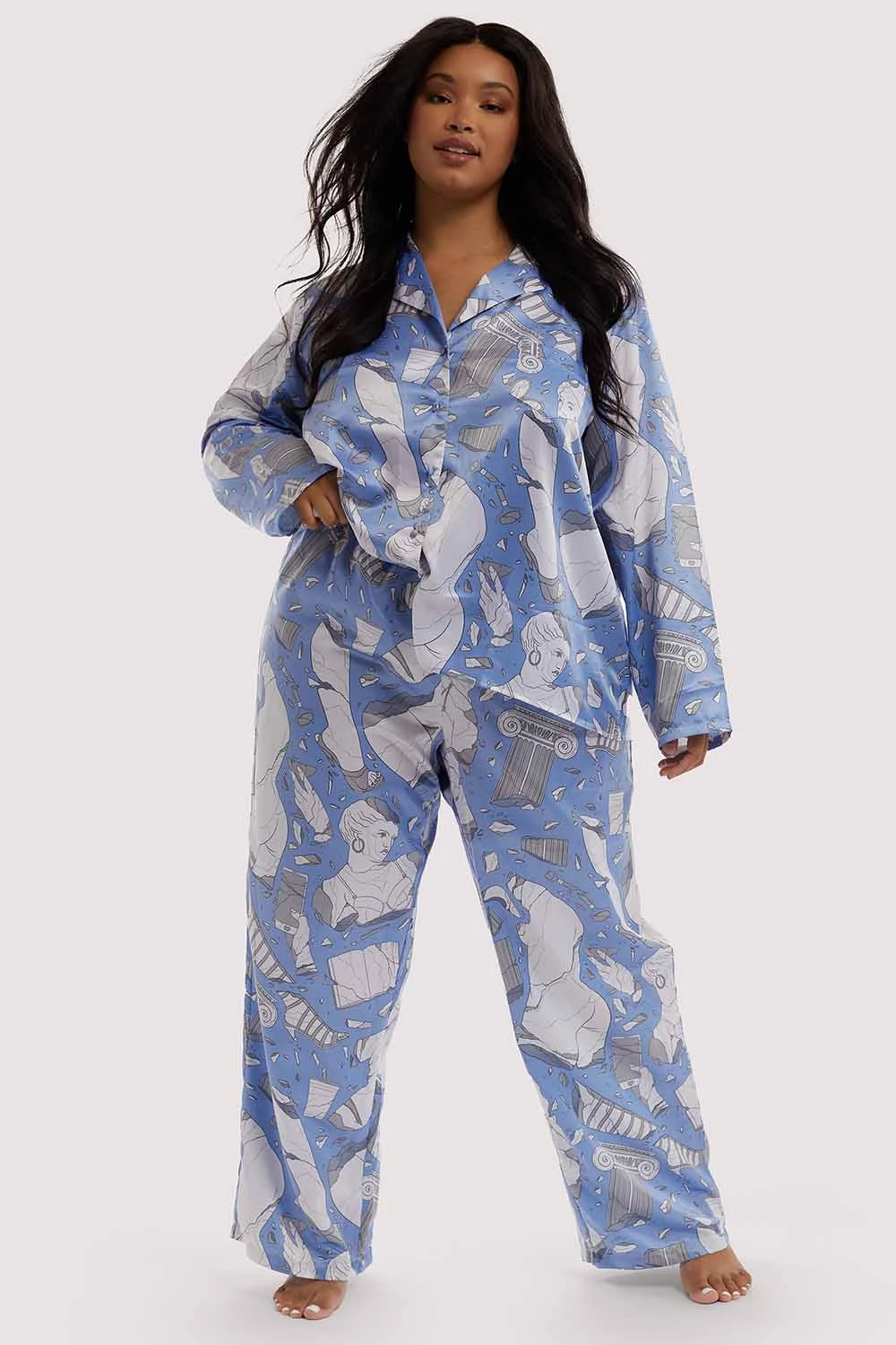 Playful Promises Nightwear Logan Spector Recycled Blue Statues Satin Trousers 6 Playful Promises Nightwear Logan Spector Recycled Blue Statues Satin Trousers