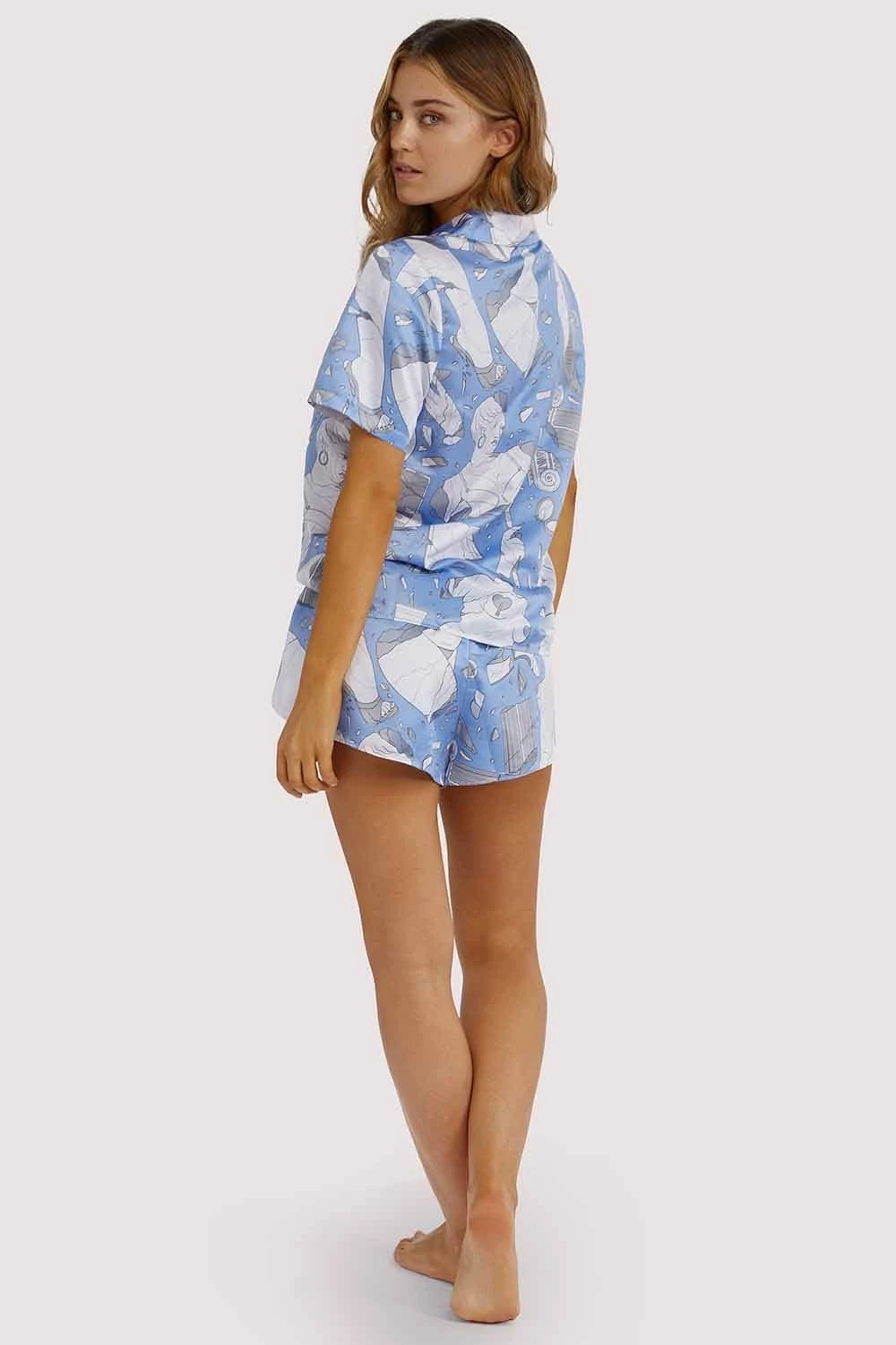 Playful Promises Nightwear Logan Spector Recycled Blue Statues Satin Shorts 9 Playful Promises Nightwear Logan Spector Recycled Blue Statues Satin Shorts