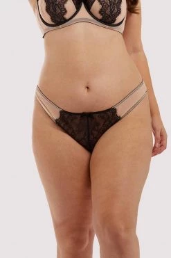 Deja Day Rosalyn Black And Blush Lace Thong Knickers