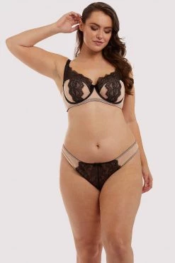 Deja Day Rosalyn Black And Blush Lace Thong Knickers