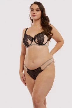 Deja Day Rosalyn Black And Blush Lace Thong Knickers
