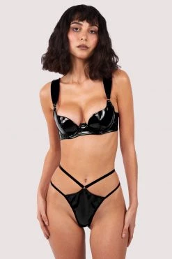Hustler Maxine Black PVC Strap And Ring Detail Thong