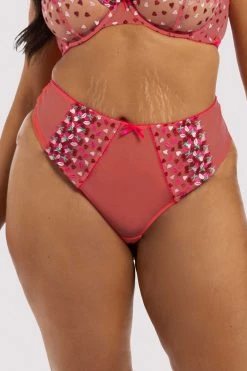 Playful Promises Free Sexy Summer Brief Cherry Embroidery Coral Highwaisted Thong