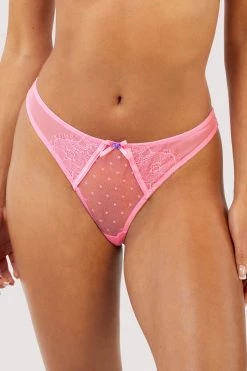 Playful Promises Ziggy Pink Lace And Spotted Mesh Thong