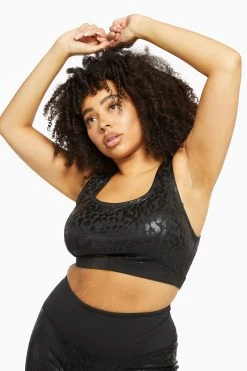 Wolf & Whistle Wet Look Leopard Black Sports Bra Curve