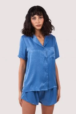 Wolf & Whistle New In Blue Jacquard Pyjama Top & Shorts Set