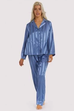 Wolf & Whistle Nightwear Blue Stripe Satin Pyjama Set 10 Wolf & Whistle Nightwear Blue Stripe Satin Pyjama Set