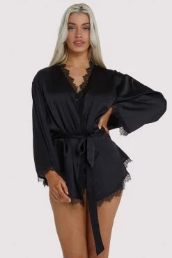 Wolf & Whistle Black Lace Trim Robe