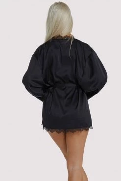Wolf & Whistle Black Lace Trim Robe