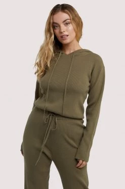 Wolf & Whistle Wolf & Whistle Lounge Khaki Knitted Rib Cropped Hoodie