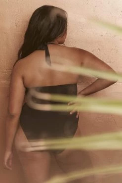 Wolf & Whistle Swimwear Leah Gold Lace Front Plunge Swimsuit Curve