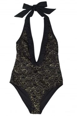 Wolf & Whistle Swimwear Leah Gold Lace Front Plunge Swimsuit Curve
