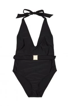 Wolf & Whistle Selki Black Belted Halterneck Swimsuit Curve