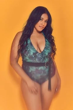Wolf & Whistle Palm Plunge Belted Swimsuit Curve