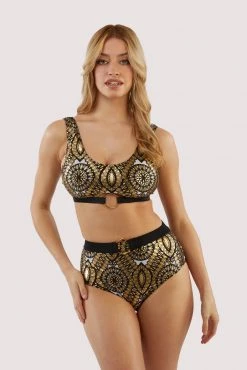 Wolf & Whistle Gold Foil Tile And Black Printed Crop Top Swimwear