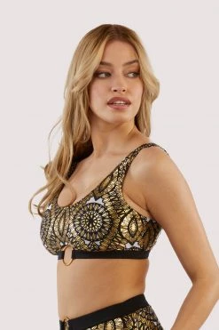 Wolf & Whistle Gold Foil Tile And Black Printed Crop Top Swimwear