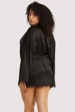 Wolf & Whistle Black Lace Trim Robe