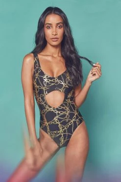 Wolf & Whistle Gold Chain Twist Front Swimsuit